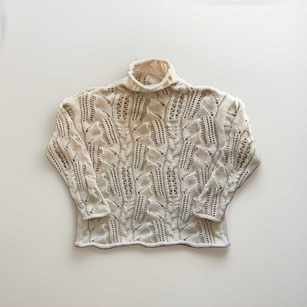 Hand Knit Cream Turtleneck Sweater Size Medium Open Cable Cottagecore Soft Cozy
